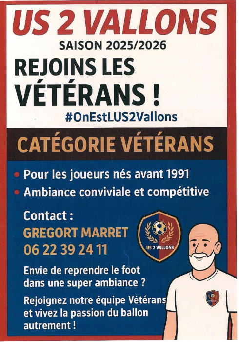 Rejoins les Vétérans de l'US 2 Vallons