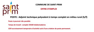 OFFRE D’EMPLOI
POSTE : Adjoint technique polyvalent à temps complet en milieu rural (h/f)